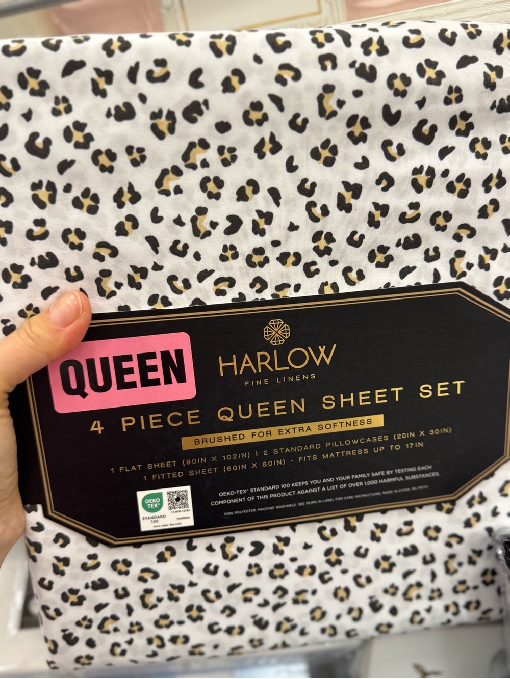 Harlow Leopard Print Queen Sheet Set - White, Black & Gold Accent